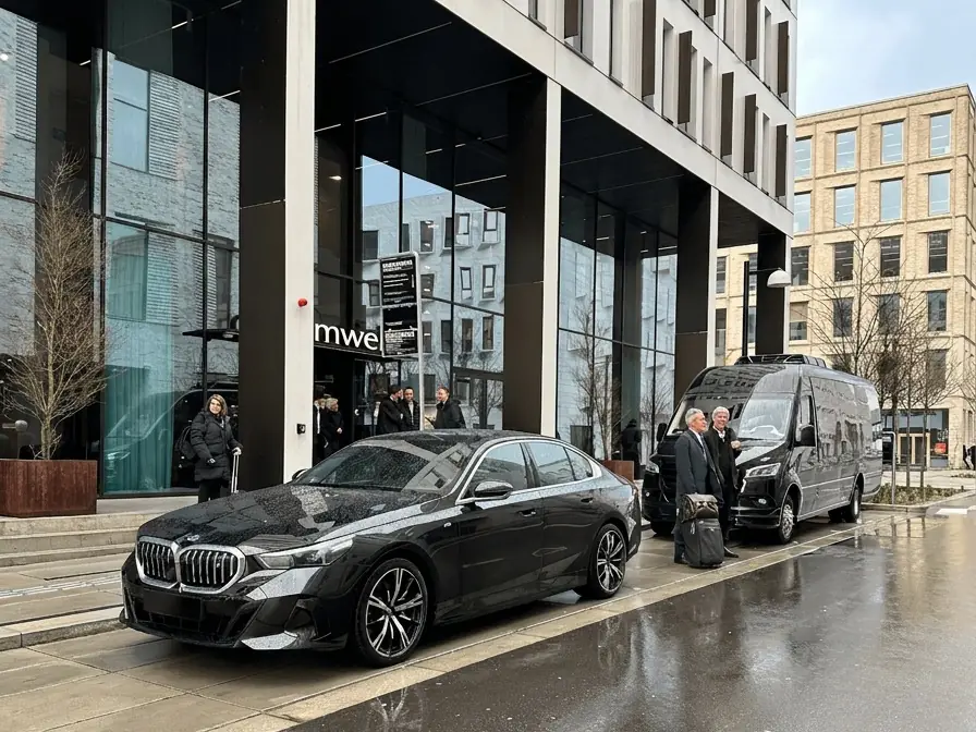 Prime Limousine BMW outside a Copenhagen office entrance